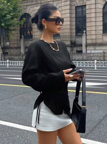 DAZY 女式纯色圆领长袖不对称下摆时尚衬衫，秋季女装 - 黑色 - 查看 4