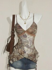 SHEIN ICON Áo hai dây họa tiết Paisley cổ điển dành cho nữ mùa hè - Màu Khaki - Xem 6