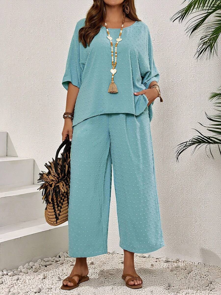 EMERY ROSE 加大码圆领喇叭袖上衣和直筒裤口袋两件套 - 藍色 - 查看 1