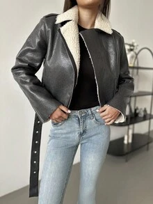 Áo khoác da PU giả lông thú mùa thu đông Aloruh, áo khoác dáng dài cổ bẻ rộng, áo khoác ngắn thắt lưng đa năng, áo khoác dài tay màu đen ấm áp, thích hợp cho mùa Giáng sinh. - màu đen - Xem 1