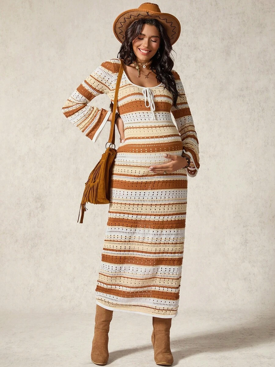 Boho Mama Pregnant Women's Striped Front Tie Long Sleeve Hollow Out Knit Dress - Multicolor - View 1