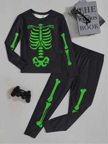 SHEIN Bolty 2pcs Kids/Tween Boys Casual Everyday Comfortable Printed Crew Neck Long Sleeve Top And Leggings Knit Homewear Set Halloween Kids Halloween Home Clothes Halloween Skeleton Luminous Christmas Holiday Pajamas Christmas Pajamas Family Snug Fit Boys Skeleton  Halloween Boy Clothes Glow In The Dark Pajamas Halloween Pajamas Skeleton Pajamas Boys Fall Winter