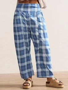 Bohemela 女士休闲梭织格子宽松裤 - 淺藍色 - 查看 3