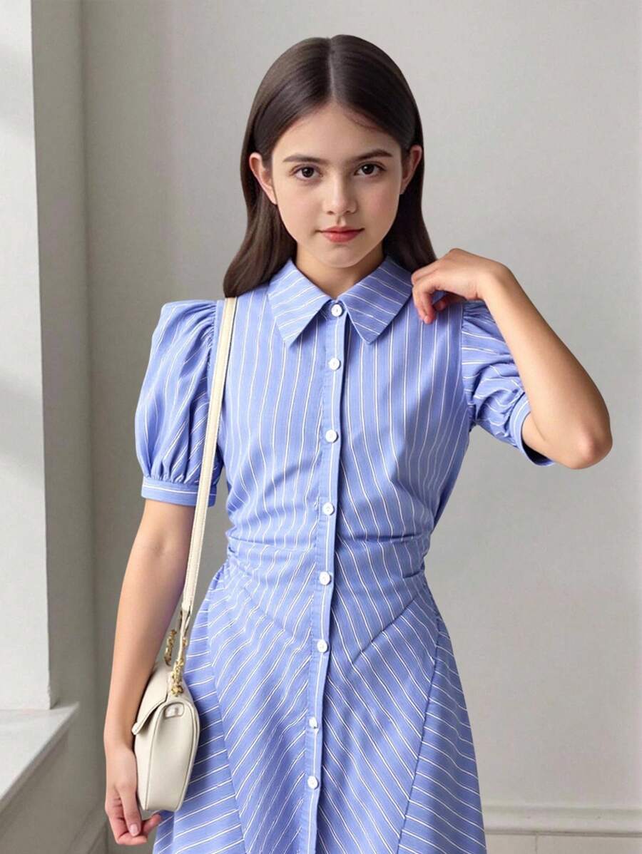 SHEIN 青少年女孩休闲复古优雅修身编织条纹褶皱 A 字形纽扣前抽绳腰部泡泡袖连衣裙,适合返校、居家、郊游、派对,蓝色 - 藍色 - 查看 1