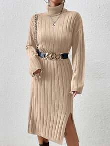 EURMUSE High Neck Drop Shoulder Sleeve Sweater Dress With Split Hem, No Belt Included - Mocha Brown - View 4