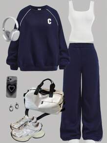 SHEIN Girlism Tween Girls 3 PiecesOutfit Set: Thermal Lined Sweatshirt, Vest, And Sweatpants, Casual School/Sports Wear, Loose Fit, Letter Applique, Long Sleeve Sweatshirt, Fitted Knit Vest With Contrast Trim, Deep Blue/Navy Fall Winter - Royal Blue - View 1