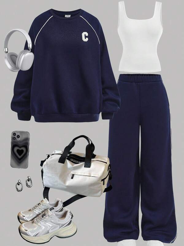 SHEIN Girlism Conjunto de 3 piezas para niñas preadolescentes: Sudadera con forro térmico, chaleco y pantalón de chándal, ropa casual para la escuela/deportes, corte holgado, aplicación de letras, sudadera de manga larga, chaleco de punto ajustado con ribete de contraste, azul profundo/marino para otoño e invierno