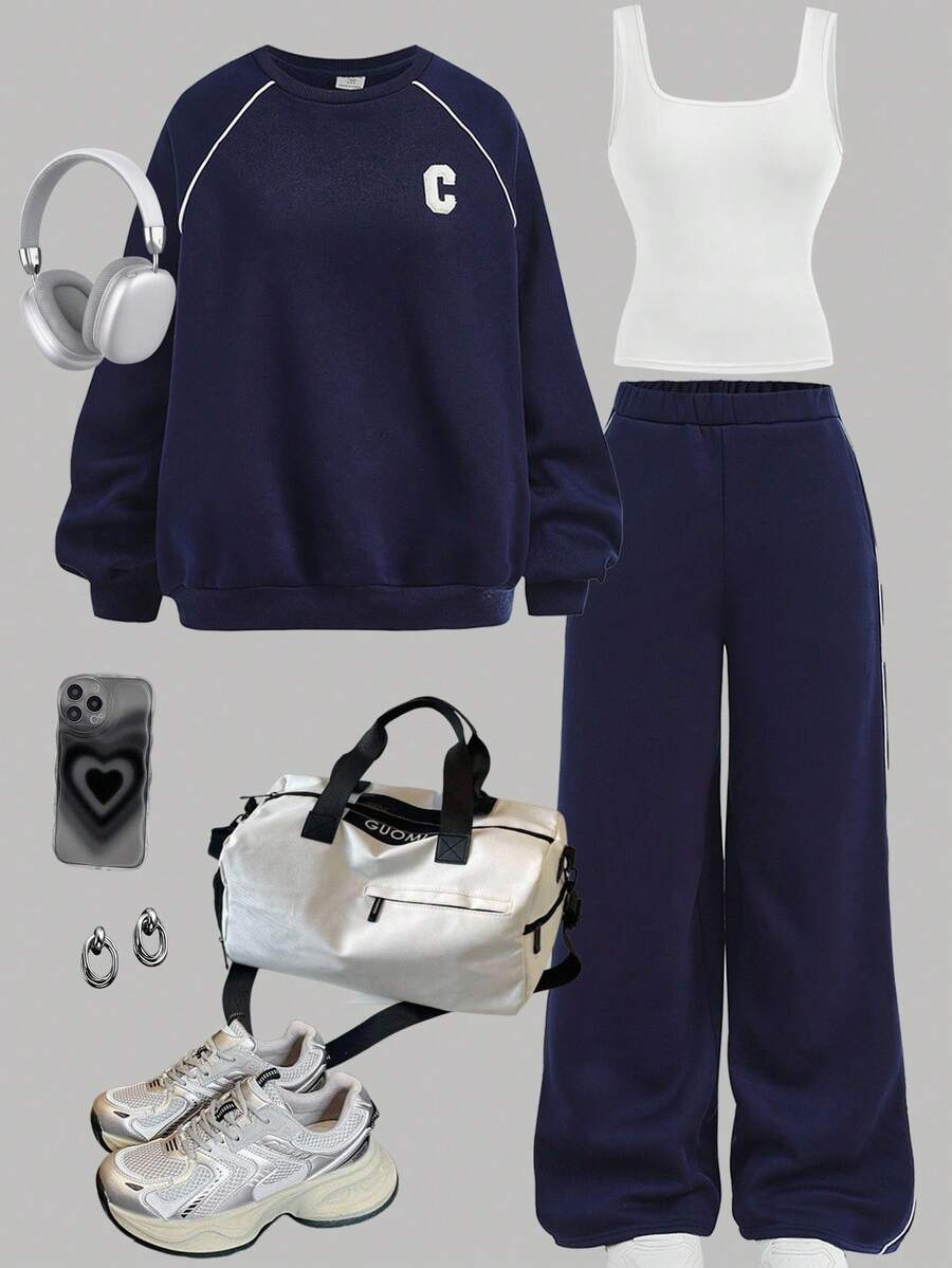 SHEIN Girlism Tween Girls 3 PiecesOutfit Set: Thermal Lined Sweatshirt, Vest, And Sweatpants, Casual School/Sports Wear, Loose Fit, Letter Applique, Long Sleeve Sweatshirt, Fitted Knit Vest With Contrast Trim, Deep Blue/Navy Fall Winter - Royal Blue - View 1