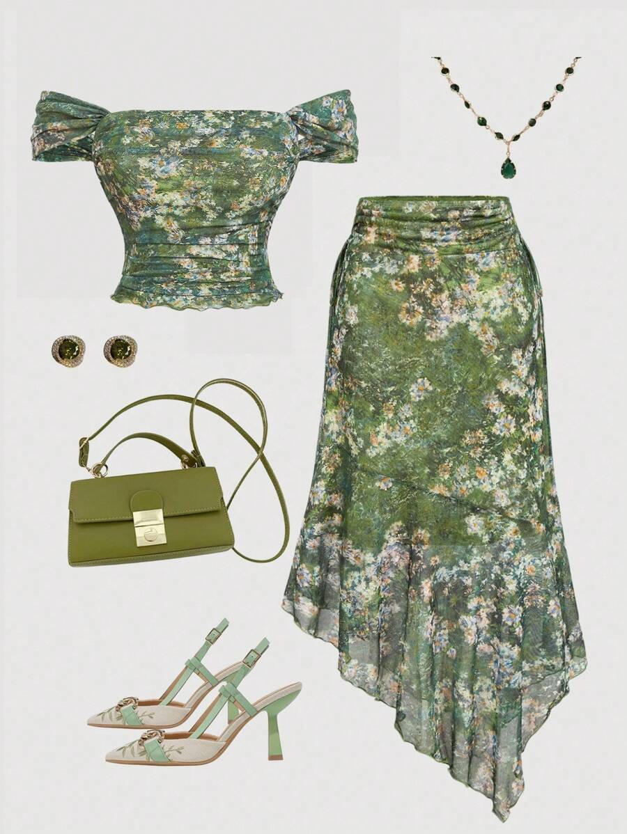 SHEIN MOD Plus Size Women's Waist Ruched Side Tie Asymmetrical Hem Vintage Print A-Line Skirt, Van Gogh Painting Print Green Retro Skirt, Halloween Costume