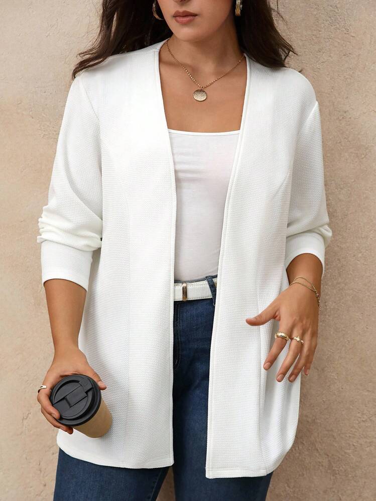 SHEIN CURVE+ Plus Size Women's Casual Knit Blazer Jacket, Suitable For Commuting, Leisure, Travel And Outdoor Wear Fall Cloth For Women Autumn - White - View 5