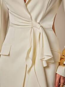 Silquee 高端系列秋冬纯米色早秋时尚女装适合上班办公室女士商务休闲女装西装套裙垂坠丝带设计，不对称设计高端西装套裙，一字肩棉质设计，优雅淑女女装，端庄大方简约简约长袖时尚连衣裙，适合日常穿着，优雅西装套裙，适合日常约会，夜间办公室，夜店，聚会，派对 - 杏色 - 查看 6