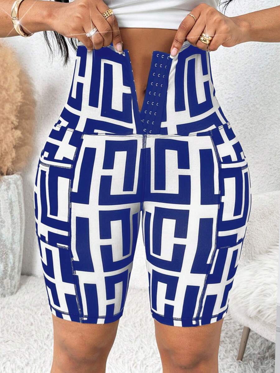 SHEIN Lady 2025新款加大码女式蓝白几何印花纽扣设计短款打底裤,商务休闲优雅秋季万圣节裤装,教师制服,秋季,四季哥特风,万圣节服装,哥特风 - 藍白色 - 查看 1