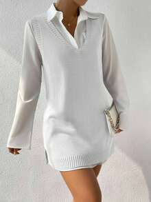 EURMUSE 女式纯色V领无袖针织休闲百搭毛衣裙 - 白色 - 查看 4