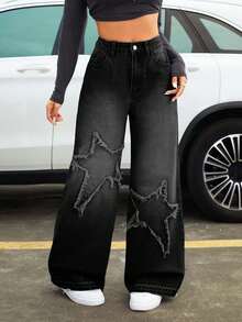 Women's Pocket Star Frayed Hem Wide Leg Loose Jeans - Black - View 5