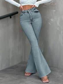 EURMUSE Casual Versatile Button Slim Flare Leg Women Jeans - Light Wash - View 6