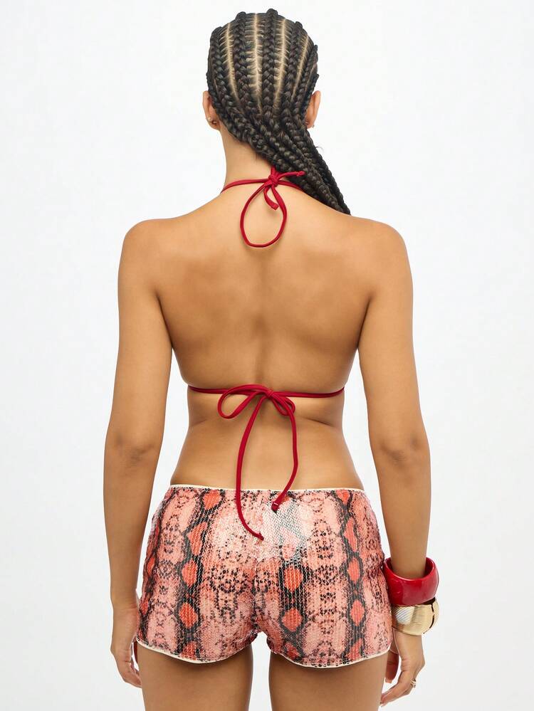 SUMWON WOMEN Snake Print Sequin Booty Shorts With Elastic Waistband