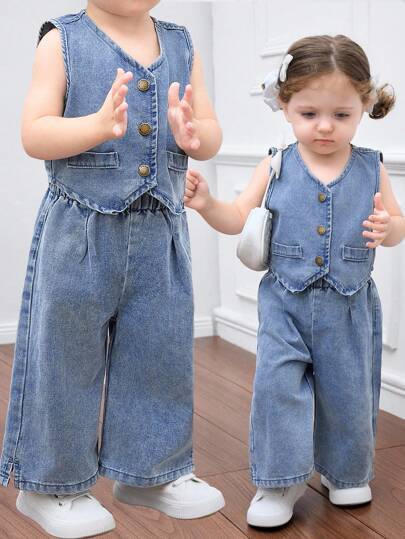 SHEIN HEIN Conjunto de 2 piezas para niñas bebé con top de peto vaquero y pantalones de cintura elástica, conjunto casual de vacaciones estilo bohemio para niñas, ideal para graduación, fiesta o vacaciones, ropa cómoda y casual para niños en otoño