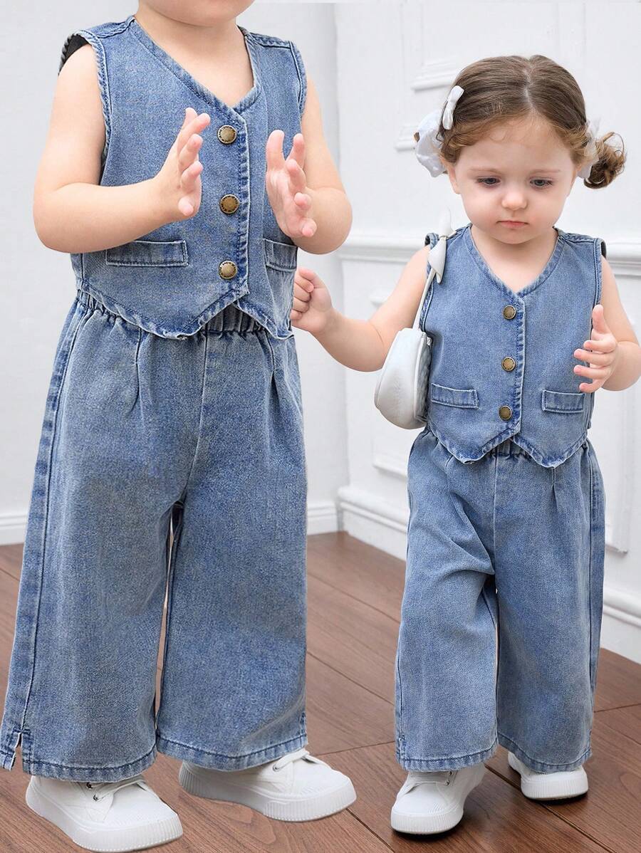 SHEIN HEIN 女童牛仔背带上衣和松紧腰裤两件套，儿童休闲度假波西米亚风家居服，毕业/派对/度假套装，秋季儿童休闲舒适装 - 淺色水洗藍 - 查看 1