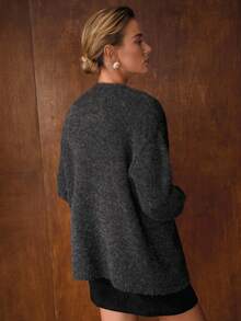 MOTF PREMIUM 羊毛纯色露背针织上衣和落肩宽松开衫套装 - 灰色 - 查看 4