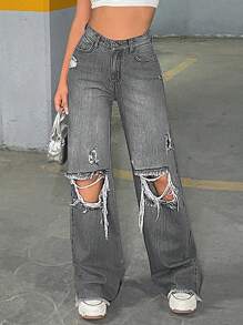 EURMUSE RueChic Casual Dark Grey Distressed Wide Leg Jeans - Dark Grey - View 4