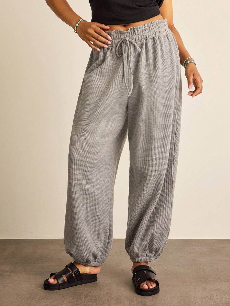 SHEIN VCAY Plus Size Women's Solid Color Ruffle Hem Drawstring Waist Casual Pants Palazzo Joggers Sweat Pants Going Out Autumn - Grey - View 1