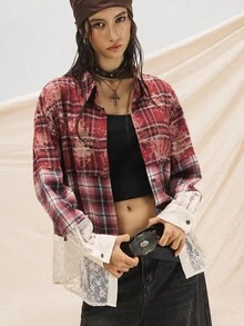 Easelle Damen Karohemd mit Kontrast-Spitze, Langarm, Knopfleiste, Lässig - Mokka-Braun - Übersicht 4