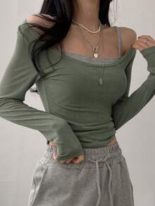 DAZY 2 件女式纯色圆领长袖修身 T 恤和吊带背心套装 - 軍綠色 - 查看 4