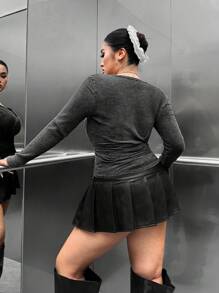 Muchica 大码休闲复古水洗修身长袖T恤 - 黑色 - 查看 2