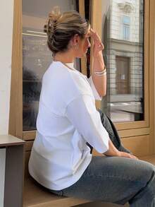 Jeta Ari Áo thun tay ngắn đơn giản, rộng rãi, phong cách cổ điển, tối giản, dành cho nữ, áo thun oversize dành cho nữ công sở, phong cách tiền cũ - trắng - Xem 4