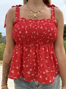 Manon Tanti 女士夏季假期红色满版花卉印花系带肩部荷叶边下摆荷叶边可爱午餐休闲返校上衣 - 紅色 - 查看 3