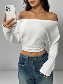 SHEIN EZwear Camiseta de manga larga de unicolor para mujer, prenda de vestir casual de estilo minimalista para uso diario - Blanco - Ver 4