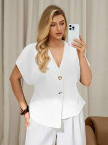 Auralis Plus Size Women's Solid Color Metal Single-Breasted Batwing Sleeve Fashionable Blouse - White - View 1