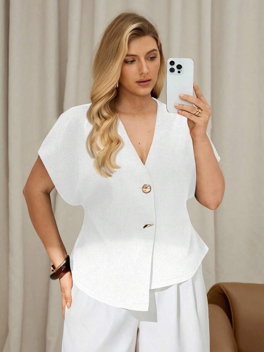 Auralis Plus Size Women's Solid Color Metal Single-Breasted Batwing Sleeve Fashionable Blouse - White - View 1