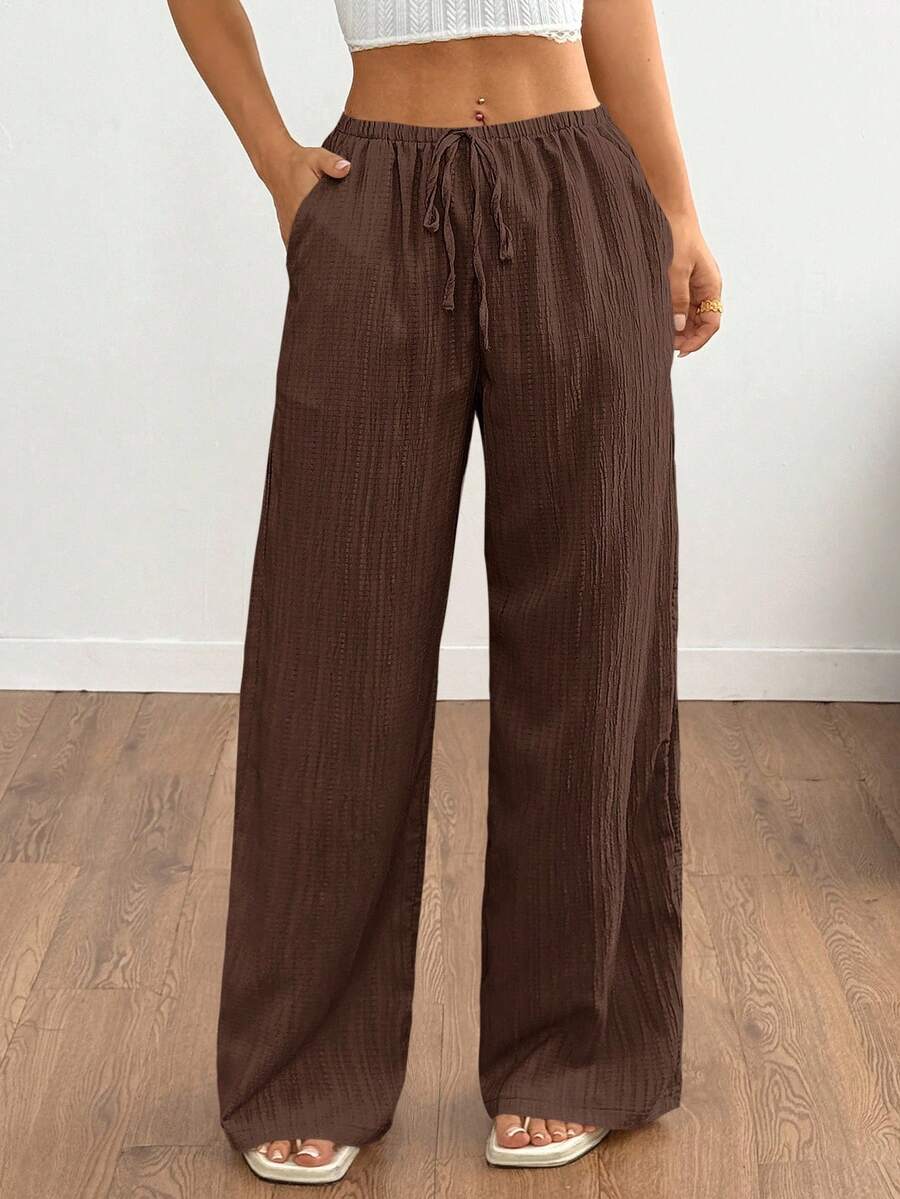SHEIN Tall 女式裤子,纹理面料,腰带 - 棕色 - 查看 1