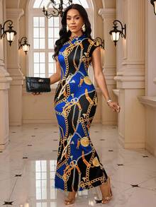 SHEIN Lady Vestido midi elegante y ajustado con volantes y estampado de cadena para mujer