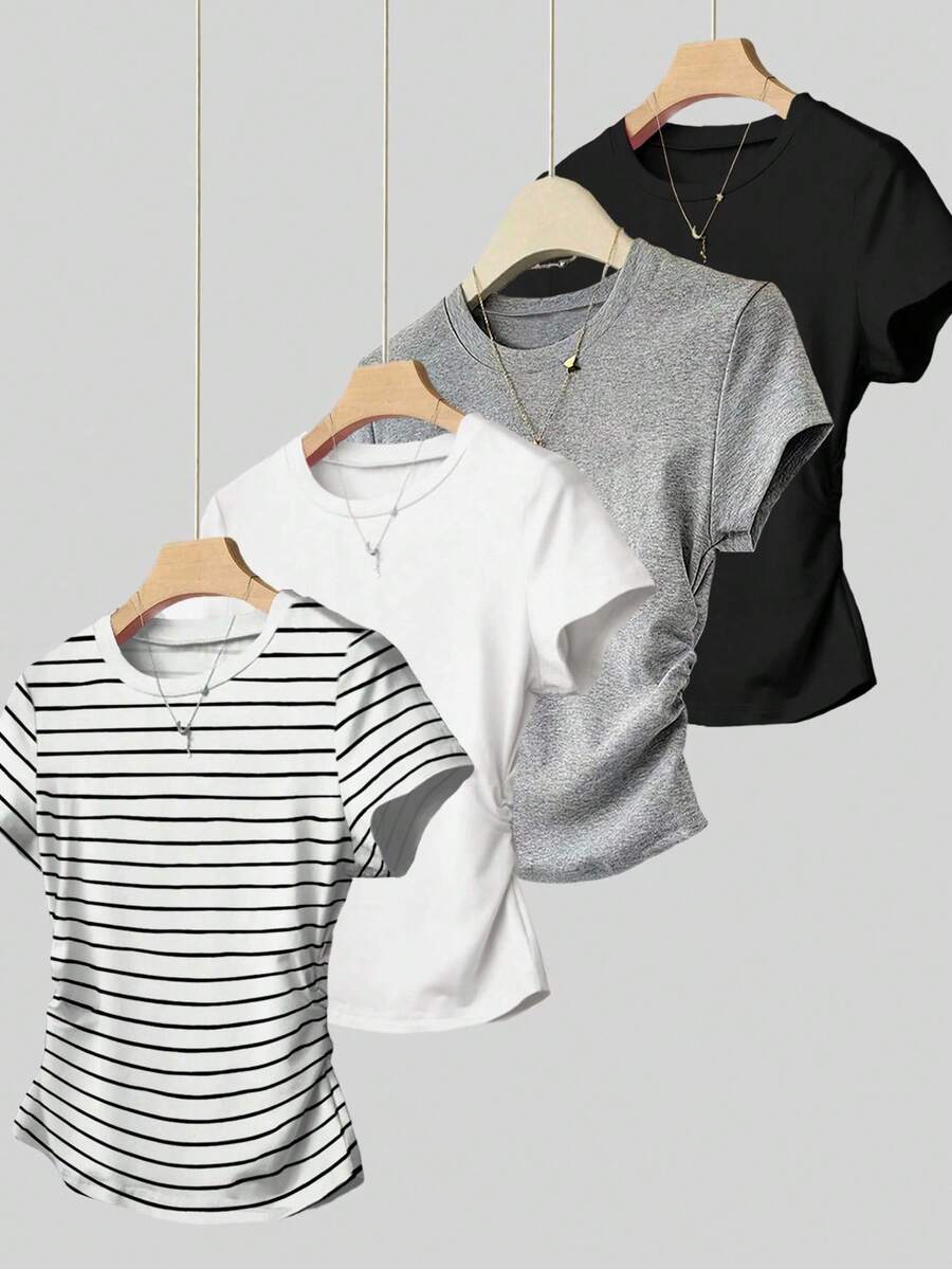 Áo thun nữ cổ tròn tay ngắn xếp ly đa năng thường ngày - màu đen - Xem 1