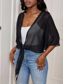 SHEIN PETITE CURVE Plus Size Women's Black Semi-Sheer Cropped Thin Top