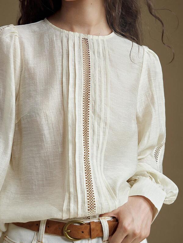 Ontre Elegant, Bohemian Style, Apricot Color, Containing Viscose Linen Fabric, Hollow Embroidery, Women's Blouse, Round Neck, Long Sleeve, Loose Fit, Casual Wear, 2025 New Arrival, Autumn/Winter Modern Urban Casual Fashion Business Casual Women's Office Wear Low-Key Old Money Style Effortless Temperament High-End Urban Commuting High-Quality Airport Women's Wear High-End Material Modern Vacation Nomadic Casual Fashion All-Match Women's Country Concert Clothing Western Style Women's Clothing Linen