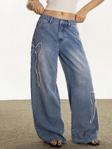 Rina Fox 女士休闲日常水洗蝴蝶结牛仔裤 - 淺色水洗藍 - 查看 5