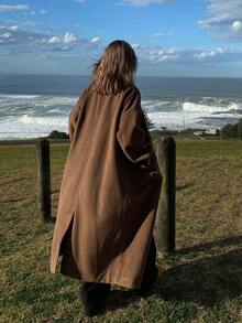 DAZY 女士纯色宽松长袖高领牛角扣口袋休闲街头加厚外套，秋冬款 - 棕色 - 查看 2