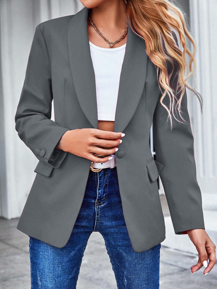EURMUSE Shawl Collar Single Button Blazer Workwear - Grey - View 1