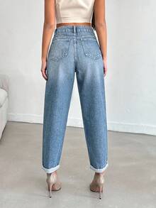 EURMUSE Jeans de novio con cintura media, bolsillos en diagonal y dobladillo plegado - Celeste - Ver 2