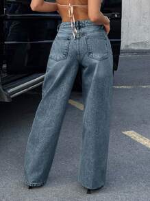 EURMUSE Low Waist Loose Straight Leg Jean Belt Detailed - Dusty Blue - View 2