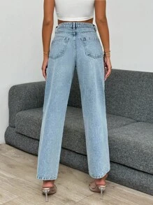 EURMUSE 高腰淺色洗水直筒短褲 - 淺色水洗藍 - 查看 2