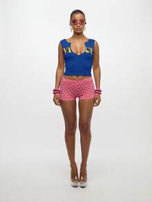 SUMWON WOMEN 缺口领口修身背心，金色字母短款，夏季节日俱乐部派对晚会休闲时尚设计，前开襟无袖 - 藏蓝色 - 查看 3