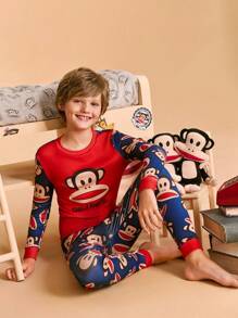 Paul Frank X SHEIN 2pcs Tween Boy Cartoon Pattern Crew Neck Long Sleeve Top And Pants Comfortable Casual Pajama Set - Navy Blue - View 7