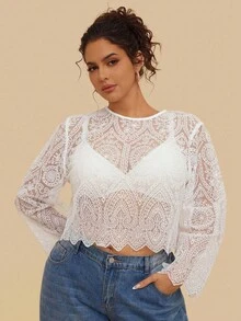 SHEIN VCAY Plus Size White Summer Boho Tea Party Mesh Embroidered Round Neck Long Sleeve Cropped Women Top Lace Blouse Sheer Civil Wedding Vacay Tops - White - View 4