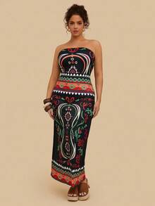 SHEIN VCAY Plus Size Women's Black Print Dress, Knit Stretchy Dress, Autumn Nomadic Boho Dress Strapless Midi Dress Tube Dresses For Women Mexican Dress Women Printed Strapless Dress Boho Maxi Dress Fall  Autumn  Elegant Dresses For Women Civil Wedding Dress Curvy Party Dresses Sunny Journey Frenchy Vacay Dress Summer Getaway​  Vacay Vibes