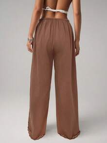 SHEIN ICON Quần ống rộng ống đứng cạp siêu thấp bằng vải lanh trắng có viền ren, dài đến mắt cá chân - màu nâu - Xem 2