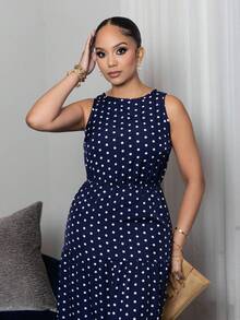 Melissa Matos Polka Dot Sleeveless Ruffle Hem A-Line Dress Maxi Women Outfit - Navy Blue - View 2